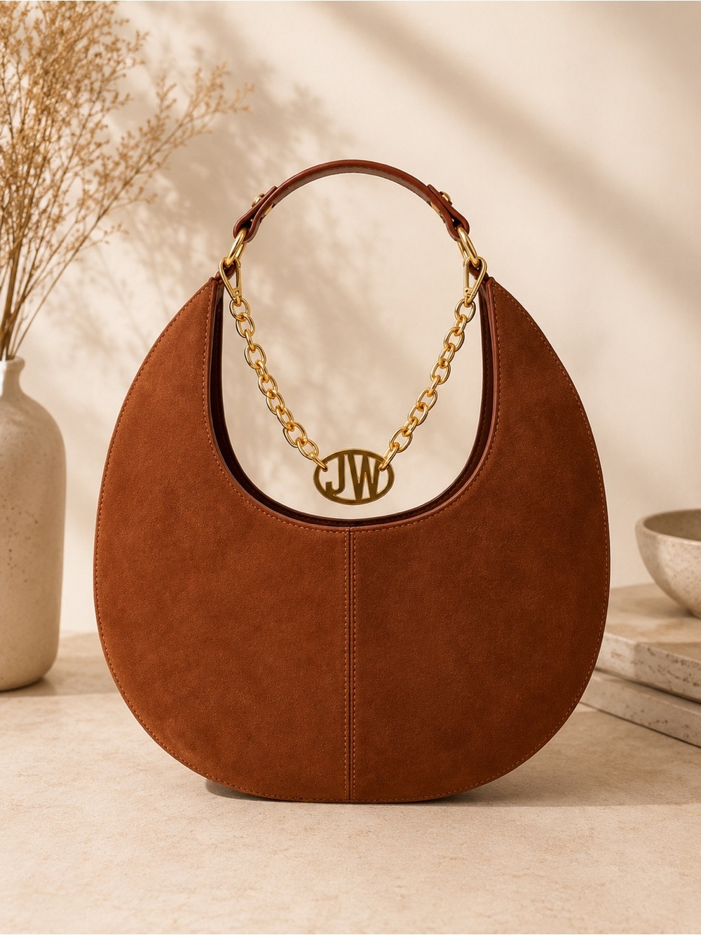 Jason Wu Brown Suede Hobo Shoulder Bag Gold Chain Logo handbag